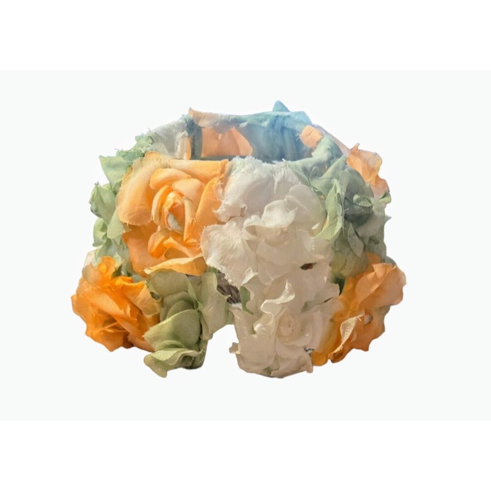 VINTAGE UNION MADE SPRINGTIME FLORAL PILLBOX HAT PEACH GREEN WHITE OPEN TOP VTG - Picture 2 of 5